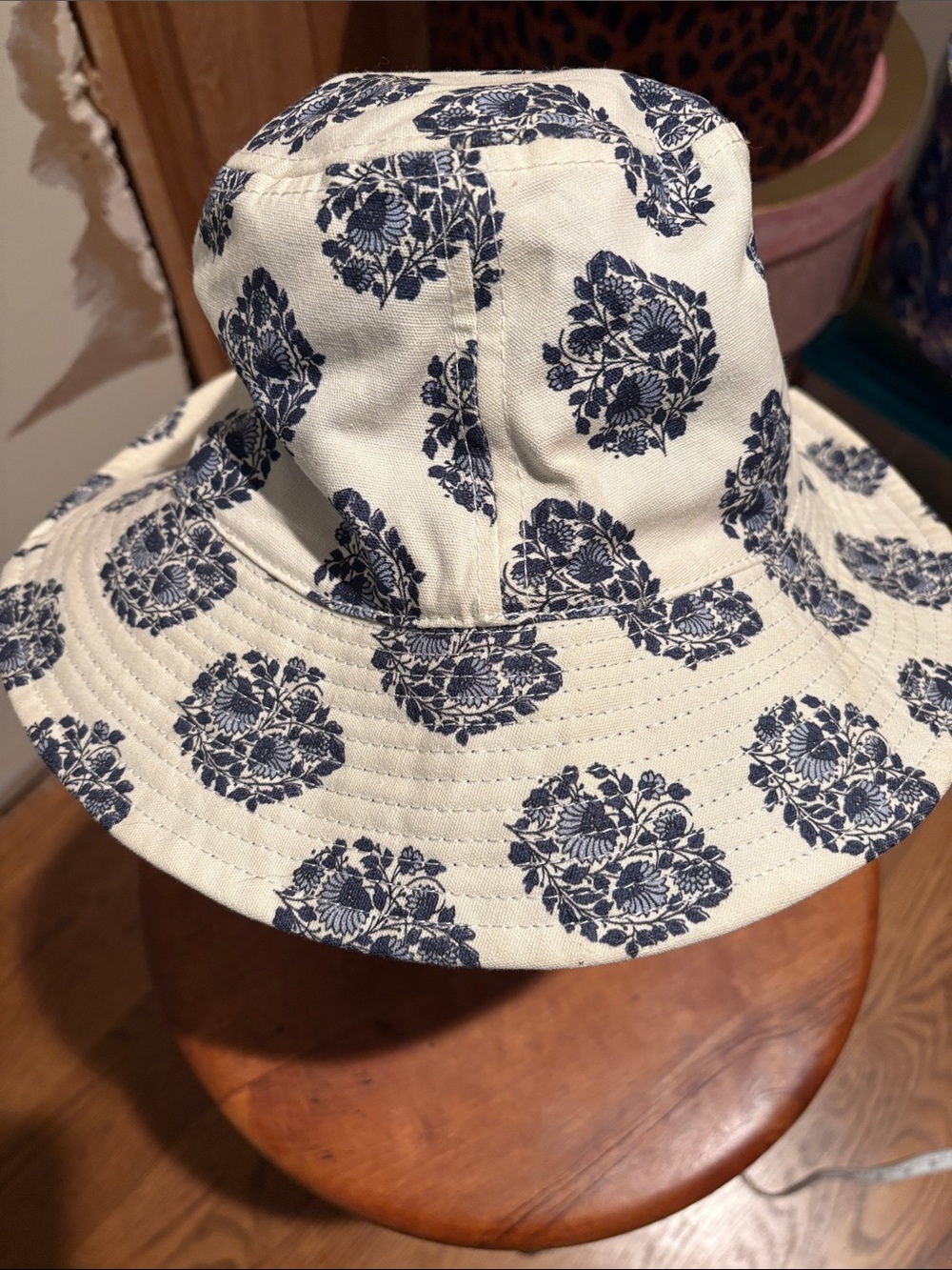 J Crew Floral Print Bucket Hat in Navy and Cream